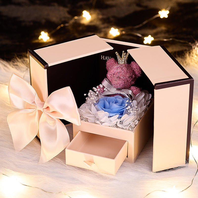 Preserved Rose & Bear Double-Door Jewelry Gift Box - Anniversary