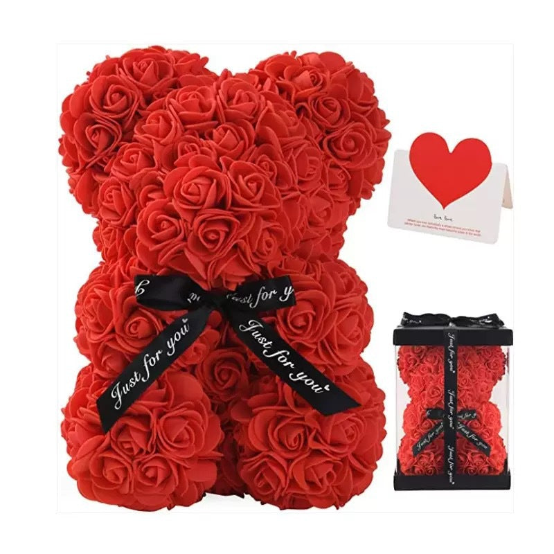 25cm Artificial Foam Rose Teddy Bear in Clear Gift Box