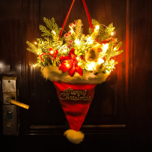 Pre-Lit Santa Hat Christmas Wall Hanging with Artificial Greenery