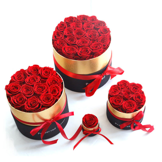 Preserved Red Rose Black & Gold Hat Box Arrangement