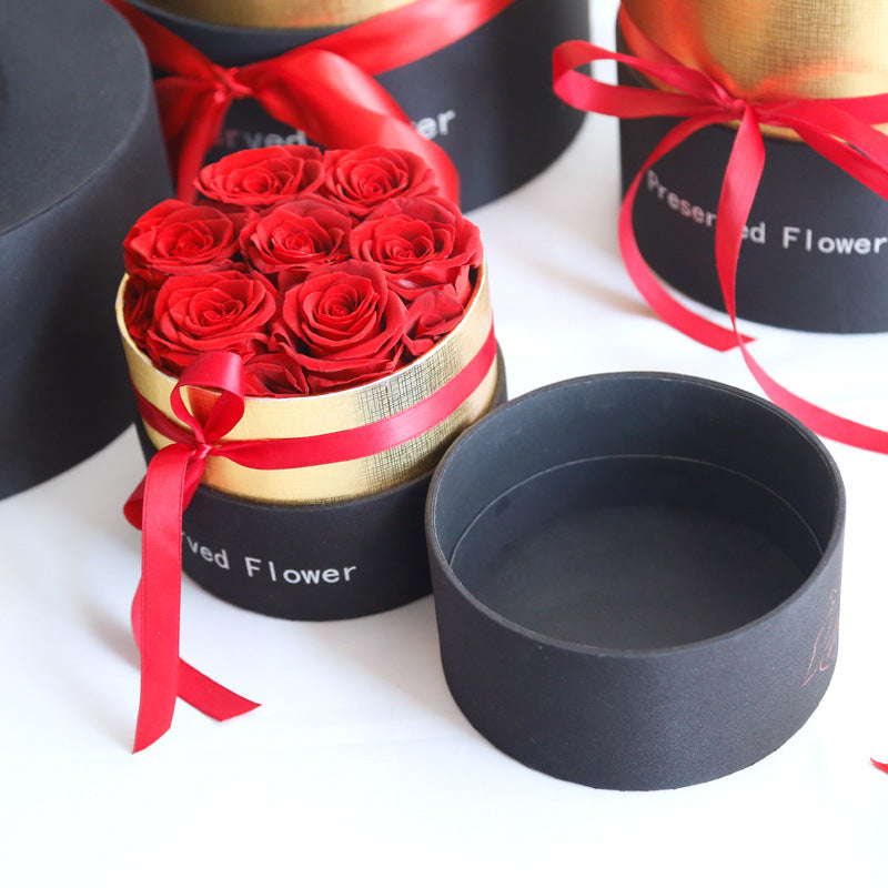 Preserved Red Rose Black & Gold Hat Box Arrangement