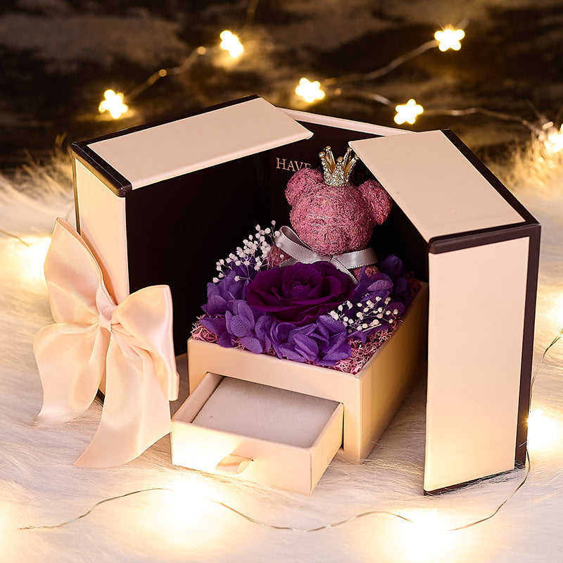 Preserved Rose & Bear Double-Door Jewelry Gift Box - Anniversary