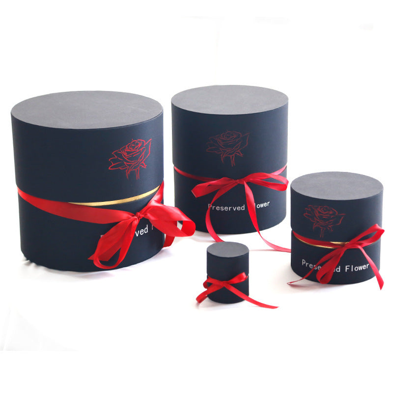 Preserved Red Rose Black & Gold Hat Box Arrangement