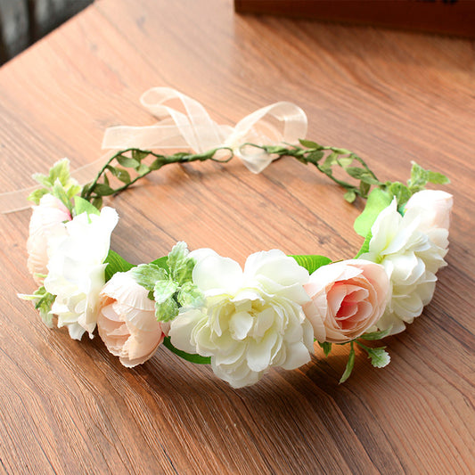 Artificial Blush & White Rose Floral Crown with Sheer Ribbon Tie