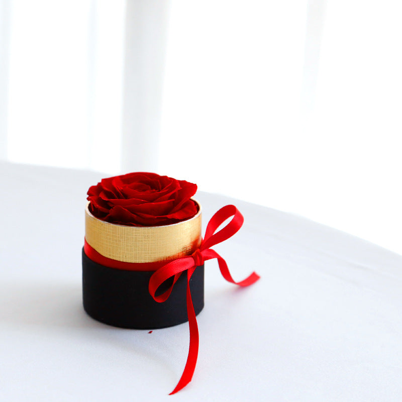 Preserved Red Rose Black & Gold Hat Box Arrangement