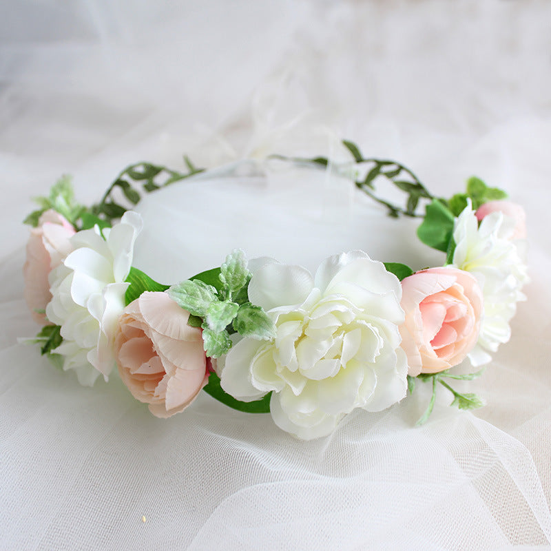 Artificial Blush & White Rose Floral Crown with Sheer Ribbon Tie