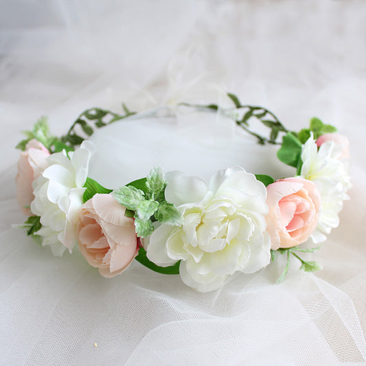 Artificial Blush & White Rose Floral Crown with Sheer Ribbon Tie