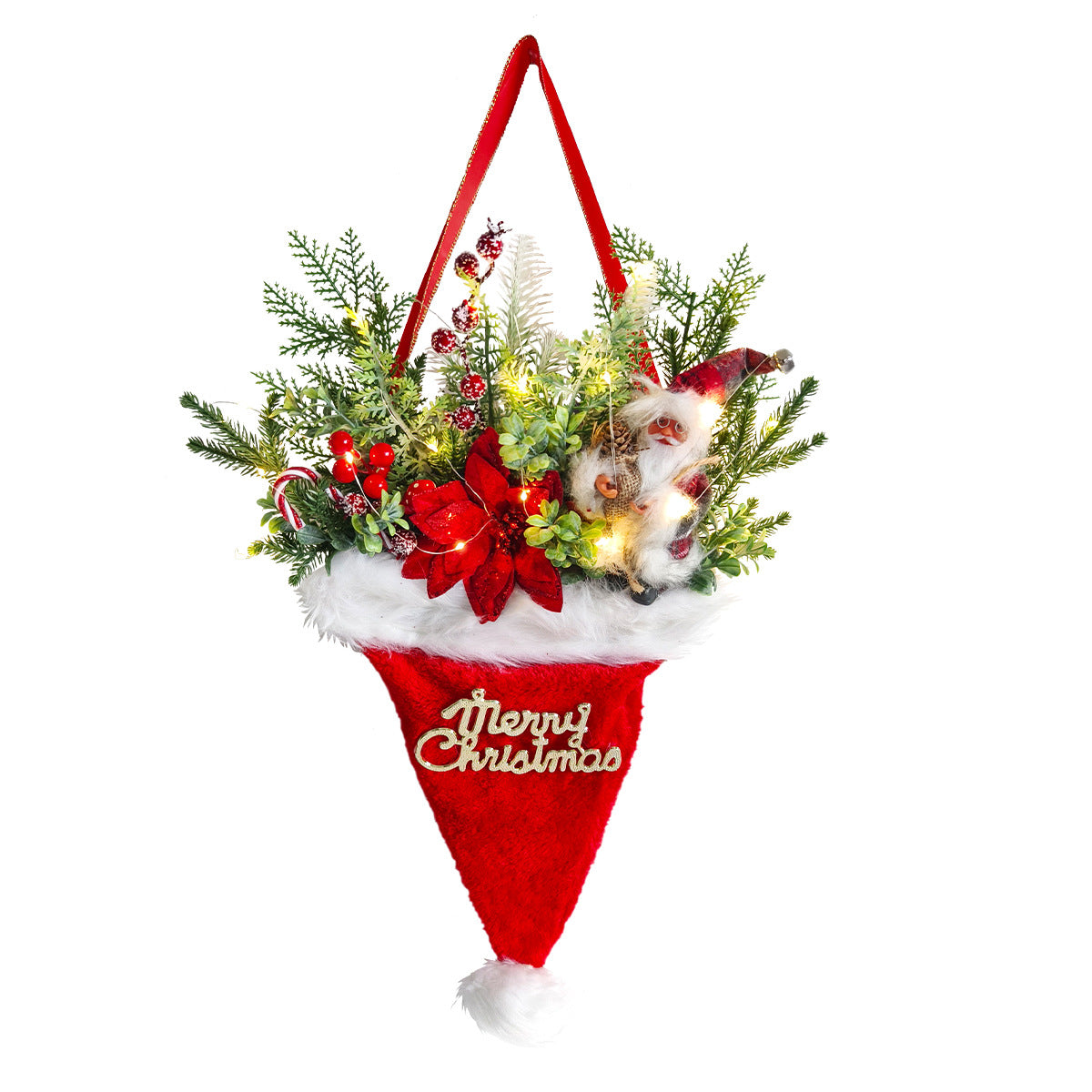Pre-Lit Santa Hat Christmas Wall Hanging with Artificial Greenery