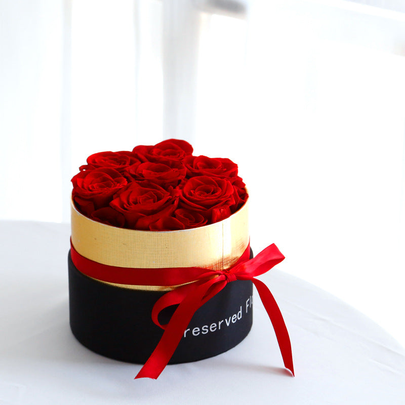 Preserved Red Rose Black & Gold Hat Box Arrangement