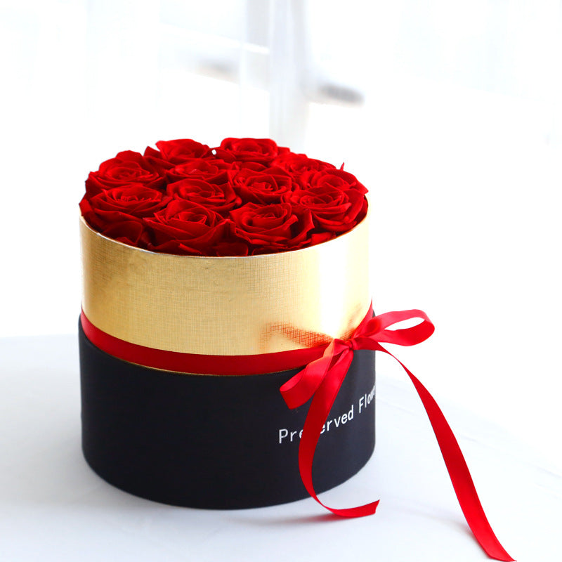 Preserved Red Rose Black & Gold Hat Box Arrangement