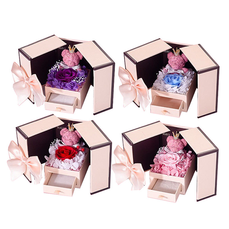 Preserved Rose & Bear Double-Door Jewelry Gift Box - Anniversary