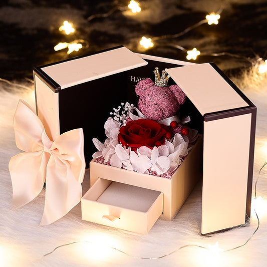 Preserved Rose & Bear Double-Door Jewelry Gift Box - Anniversary