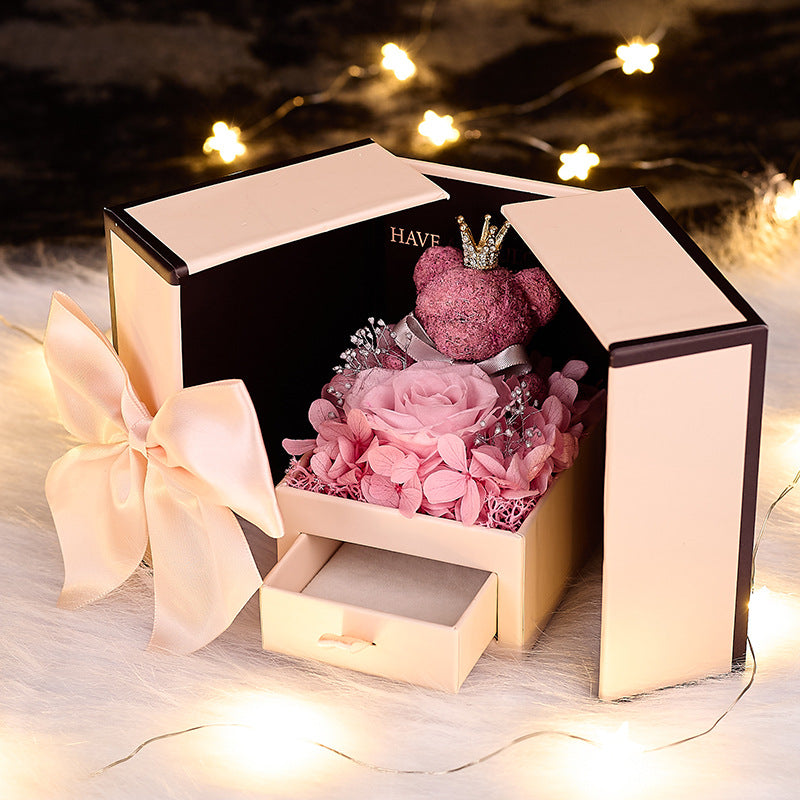Preserved Rose & Bear Double-Door Jewelry Gift Box - Anniversary